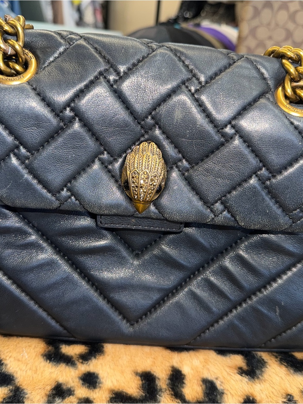 Kurt Geiger Black Quilted Leather Shoulder Bag with Gold Hardware